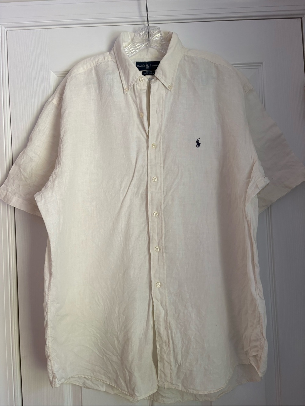 Ralph Lauren 100% Linen Cream Short-Sleeve Button-Down Shirt with Navy Logo